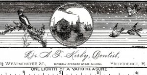 1870's Engraved Dr. A.J. Kirby Dentist Providence Opposite Grace Church Card P5