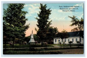 c1930's Park Soldiers And Sailors Monument Church Freeport Maine ME Postcard