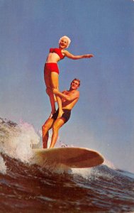 Two People Couple Surfing Trick Stunt Vintage Postcard AA82974