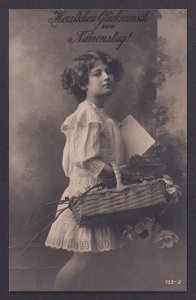 Postcard 1914 girl in white dress holding letter and basket of flowers Germany