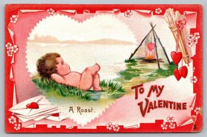 Postcard Tucks A Roast Baby Cupid Camp Fire Cooking Heart Valentines Day