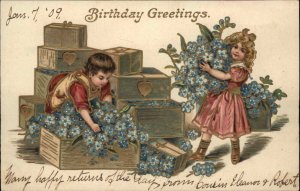 Birthday Children Flowers Crates Gilt Embossed c1900s-10s Postcard