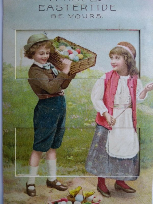 Easter Postcard German Mechanical Pull Tab Farm Boy Girl Humanized Roosters 