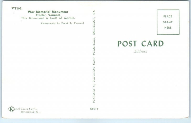 Postcard - War Memorial Monument - Proctor, Vermont