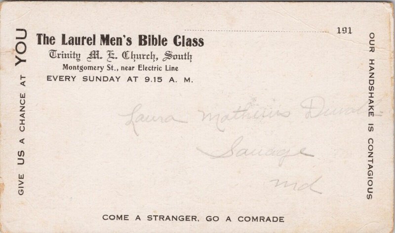 The Laurel Men's Bible Class Rev Watson Holley Trinity Church Adv Postcard H42