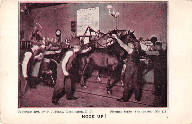 Firemen Steam Fire Engine Hooking up Horse Vintage Postcard JE229078