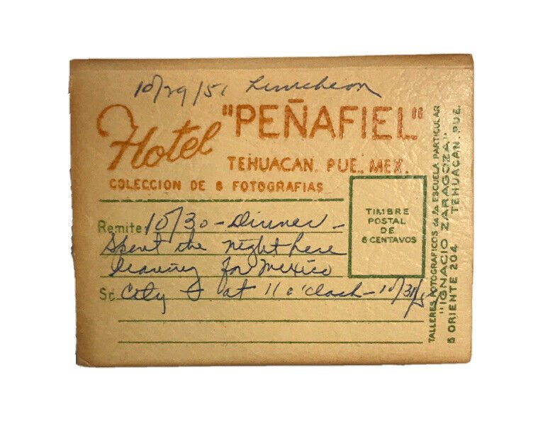 Vintage Hôtel Penafiel, Tehuacan, Pueblo, Mexico Souvenir Carte Postale Dossier