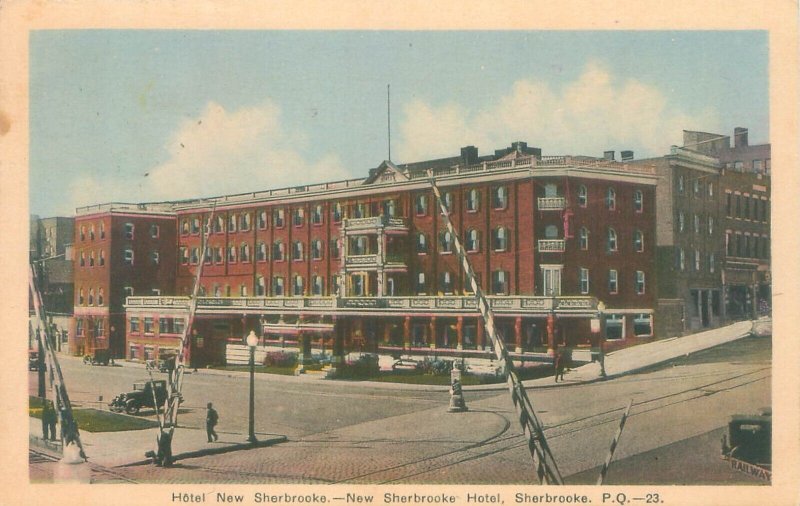 Sherbrooke PQ Canada New Sherbrooke Hotel, Car, Train Tracks  WB Postcard