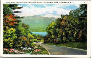 Postcard NY Going down Tongue Mountain overlooking Lake George