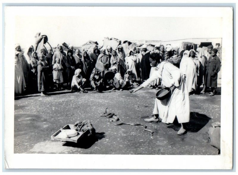 1939 Snake Charmer Bazaar Crowd View Casablanca Morocco RPPC Photo Postcard