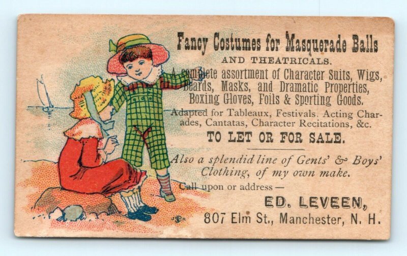 c1880s Manchester, NH Fancy Costumes for Masquerade Ball Trade Card Ed Leveen C4