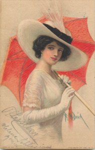 American girls elegant lady fancy hat & umbrella Isabel by artist Frank H. Desch