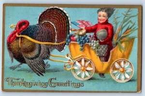 Thanksgiving Postcard Greetings Horse Pulling Wagon With Fruits Corn 1910 Posted