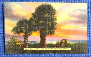 Vintage Beautiful Sunset Along the Shore Brunswick Georgia GA Linen Postcard