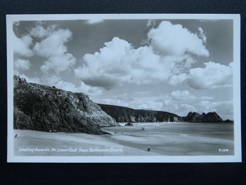 Cornwall PORTHCURNO BEACH & LOGAN ROCK - Old RP Postcard by Penpol