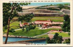 postcard CA - Del Mar Turf Club, Bing Crosby San Diego Surf Meets Turf