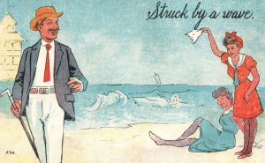 1913 Struck By a Wave Man w/ Beard & Two Ladies on Beach Comics Vintage Postcard