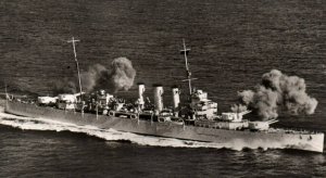 Photo British Royal Navy Devonshire Firing 8 Guns During War Time