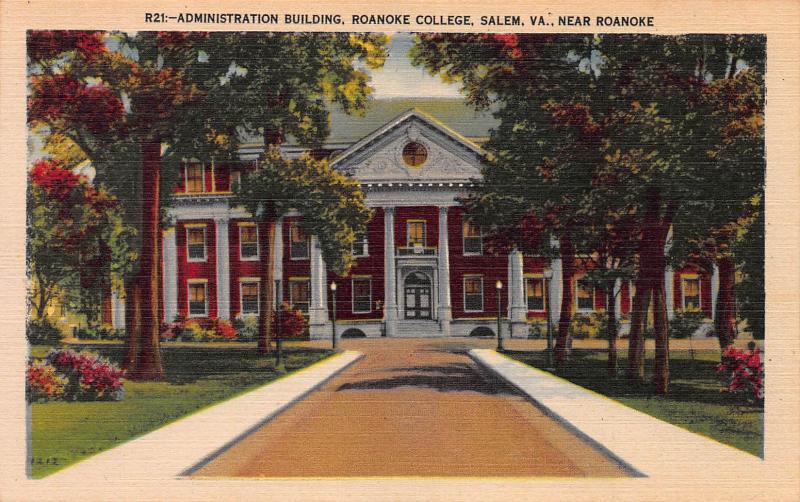 Administration Bldg., Roanoke College, Salem, VA, Early Linen Postcard, Unused