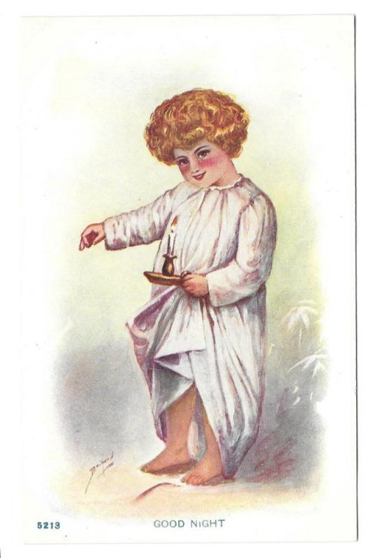 Good Night Artist Signed Child in Nightshirt Candlestick