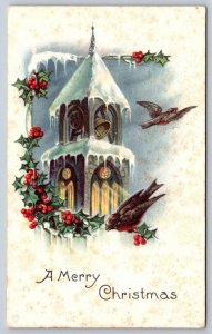 A Merry Christmas, Birds, Holly, Church Bells, Antique 1916 Bergman Postcard