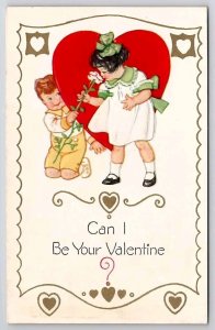Valentine Cute Children Boy Behind Large Heart Gives Girl Flower Postcard C42