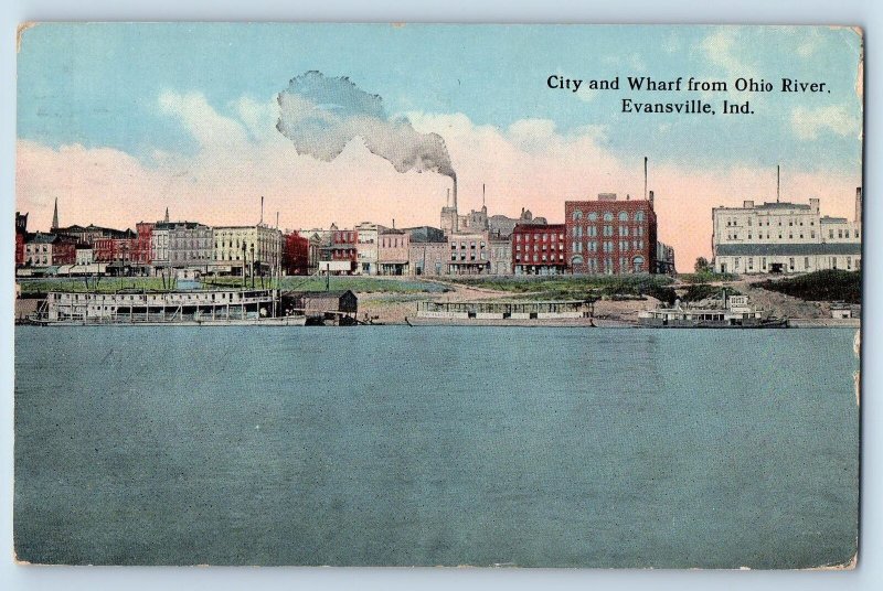 Evansville Indiana IN Postcard City And Wharf From Ohio River Scene 1909 Antique