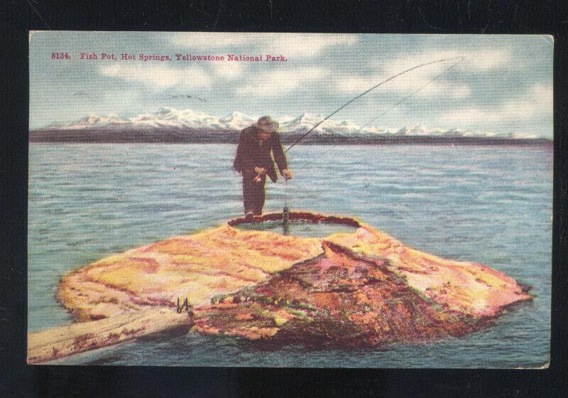 YELLOWSTONE NATIONAL PARK FISHING POT HOT SPRINGS RPO CANCEL OLD POSTCARD