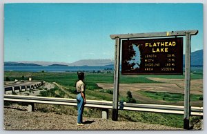 Signs~Roadside View Of Flathead Lake On US 93 Color Photo~PM 1967~Vtg Postcard