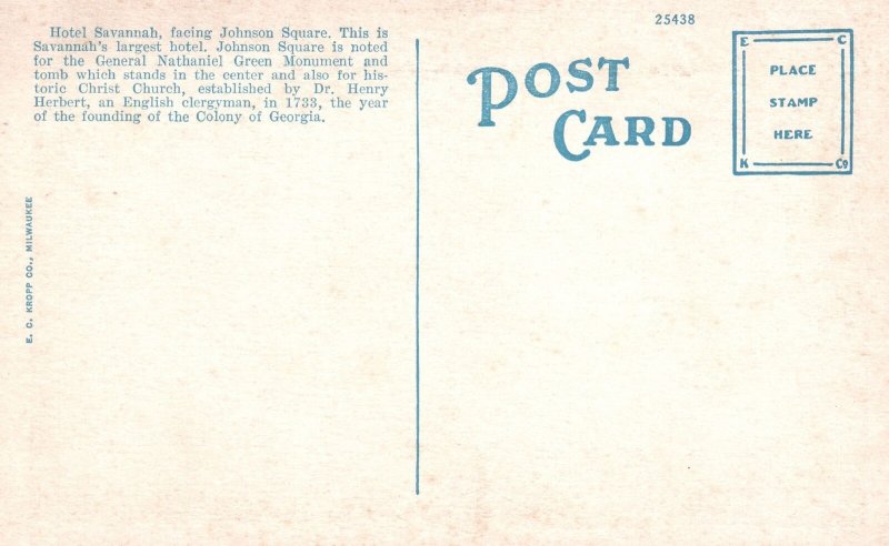 Largest Hotel Savannah Facing Johnson Square Savannah Georgia GA Postcard 