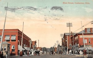 J61/ Coshocton Ohio Postcard c1910 Main Street Stores People 228