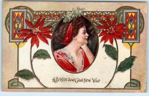 Arts and Crafts  A BRIGHT and GLAD NEW YEAR  Embossed ca 1910s    Postcard