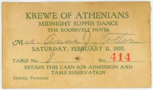 1933 Krewe of Athenians Hotel Roosevelt Dance Ticket F219