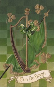 ST PATRICKS DAY-GILT HARP & SHAMROCKS-ERIN GO BRAGH~1910s EMBOSSED POSTCARD