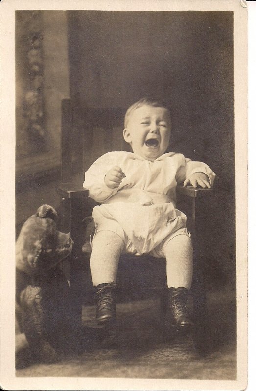 RPPC Little Boy Frightened by Teddy Bear, AZO 1910-1930, Children Real Photo