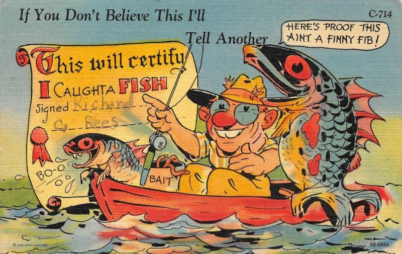 Finny Fib RAY WALTERS Fishing Comic C-714 FIsherman 1953 Vintage Postcard