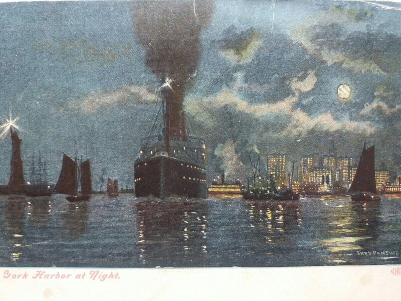 Old Steamship Sails out of New York Harbor at Night Vintage Postcard 1908 USA