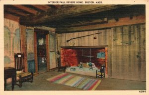 Boston Massachusetts, Interior Paul Revere Home Fireplace House Vintage Postcard