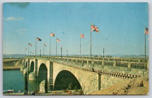 Lake Havasu City Arizona~London Bridge~Boat~Flags~Benches~Vintage Postcard