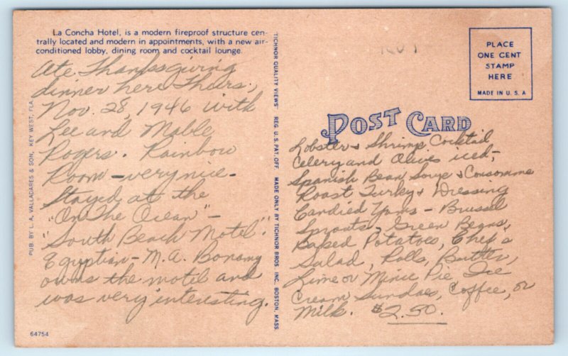 Key West FL Florida Hotel Postcard Vintage