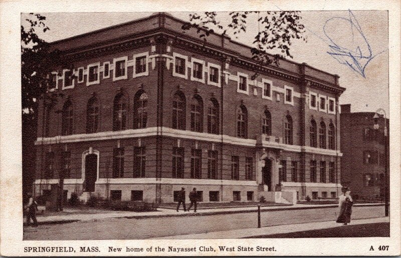 Postcard Nayasset Club, West State Street in Springfield, Massachusetts