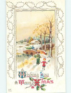 Pre-Linen CUT DOWN CHRISTMAS TREE ON HORSE DRAWN WAGON CROSSING BRIDGE HQ7186