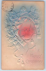 Christmas Postcard Horseshoe And Holly Berries Airbrushed Kingston NY 1908