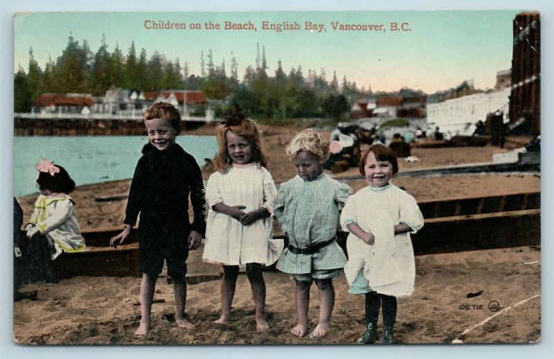 Postcard Canada BC Vancouver English Bay Children On Beach c1910 View Q11