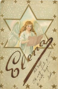 Lovely drawn angel fantasy greetings postcard Romania 1900 Elena name 