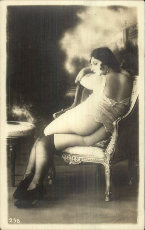 Unidentified Nude Woman Stockings Sitting in Chair c1915 Real Photo Postcard