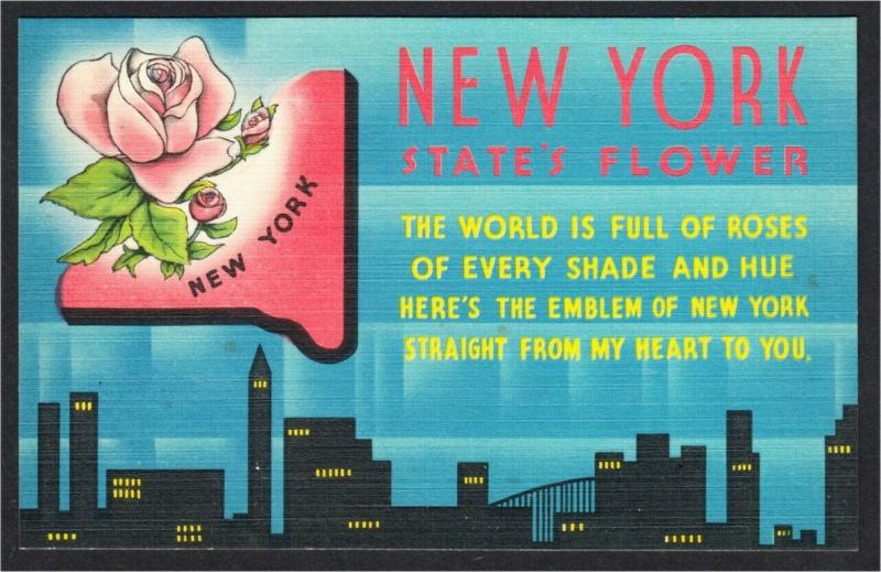 New York State Flower Rose Poem and Map 1940s Linen Postcard