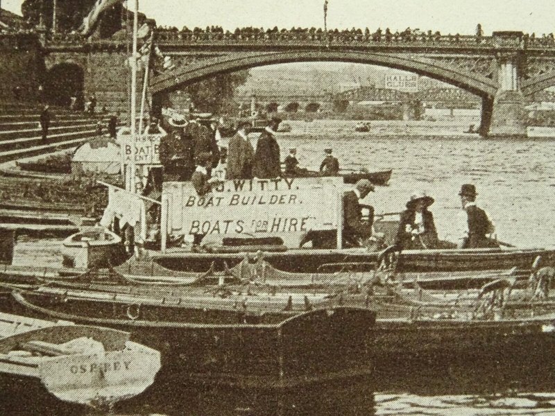 Nottingham TRENT BRIDGE shows WITTY BOAT BUILDERS, BOAT HIRE c1904 Postcard