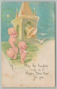 Rose O'Neill New Year~Kewpies on Roof Top Ring Tower Bell~Moon~Pigeons~Gibson