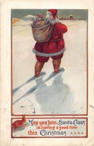 D12/ Santa Claus Merry Christmas Holiday Postcard 1915 Walk In Snow Rabbit 23